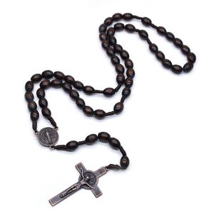 Chapelet Collier Vintage Jésus Croix Catholique Brun Bois Perles Prière Bijoux Religieux Pour Hommes Femmes