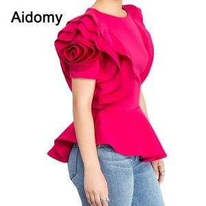 Rose Applique Women Tops Blouses Summer Short Sleeve Ruches Shirts Evening Party Wear Peplum Top Vrouwelijk shirt Zwart Wit Red7003362