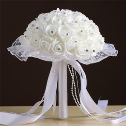 Rose artificielle fleurs de mariée Bouquet de mariée Bouquet de mariage cristal ivoire ruban de soie tenant Bouquet de fleurs multicolore 232z