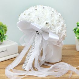 Rose Artificial Bridal Flowers Bride Bouquet Boda Bouquet Crystal Silk Ribbon Nuevo ramo