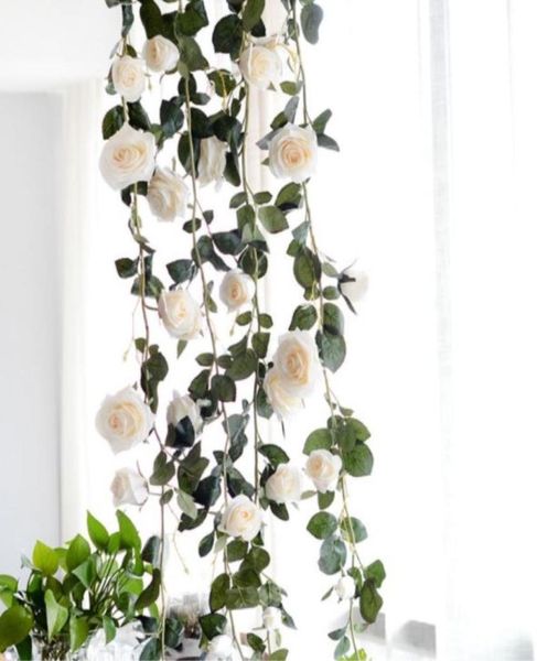 Rose fleurs artificielles bricolage soie fausse rose fleur lierre vigne feuilles vertes 180 cm décoration de mariage à la maison suspendus guirlande de noël5569046