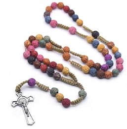 Collier chapelet croix colorée en perles de Rose, bijoux religieux du Christ jésus, prière chrétienne faite à la main, 4619473