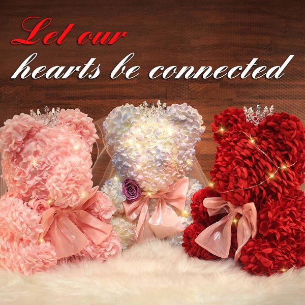 Rose ours avec boîte-cadeau Light Artificial Eternal Flower Teddy Bear for Women Birthday Anniversary Wedding Valentines Day Gift 240508