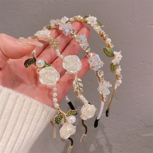 Rose Blossom Pressed Hair Band voor vrouwen, Fairy Beauty, Pearl Green Leaves, Veelzijdige uitgaande hoofdband, Chinese stijl hoofddeksels