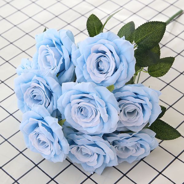 Rose Bouquet Fleurs Artificielles Faux Soie Roses Bleu Fleur De Mariage Décoration De La Maison Roses Artificielles Fleur De Noël décor Y200903