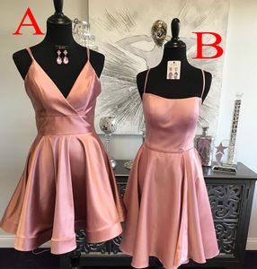 Robes de soirée de couleur rose 2019 2-style une ligne col spaghetti courte robes de soirée de bal photo réelle bretelles croisées Hoco Graduation