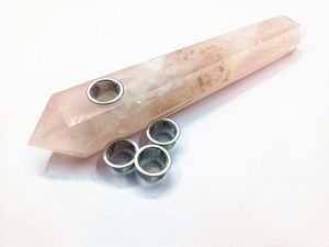 Rose Crystal Smoking Crystal Wand Pipe Natural Pink Quartz Long Sigarette Houder met 1 metalen scherm / filter en 1cleaning borstel