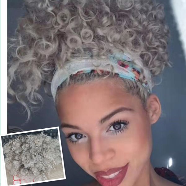 Rose curl blanc gris queue de cheval extension de cheveux texture adoucie gris argent court long mode jeune femme cheveux humains 140g 120g