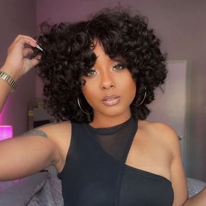 Rose Curly Fumi Human Hair Pruik met pony Volledige machine gemaakt Deep Wave Short Bob voor zwarte vrouwen Water Virgin Braziliaanse Pixie Cut Hot Bouncy Curls Fluffy Natural Black 1B