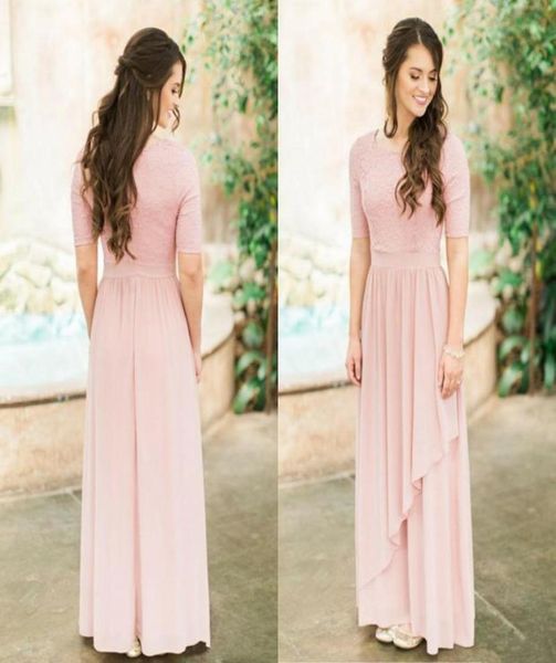 Vestidos de dama de honor modestos y largos de gasa de encaje polvoriento rosa con medias mangas Vestidos de damas de honor de boda campestre Boho Sleeved5848572