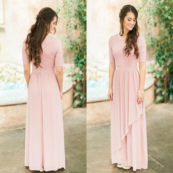 Vestidos de dama de honor largos y modestos de gasa de encaje rosa polvoriento con medias mangas Vestidos de damas de honor de boda de campo Boho Sleeved184S