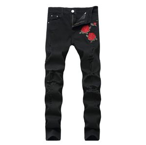 Rose borduurs jeans hoogwaardige mode blauw zwart gescheurde mannelijke getij slanke broek