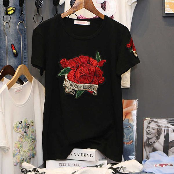Camiseta con bordado de rosas para mujer, novedad de verano 2021, jerséis de manga corta, cuello redondo de algodón negro, ropa informal holgada de talla grande, tops X0628