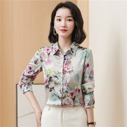 Camisa de satén de seda con flores rosas para mujer, blusas clásicas con solapa y botones Vintage, camisa de moda sencilla de manga larga para otoño e invierno, Tops de pasarela dulces y elegantes para oficina 2023