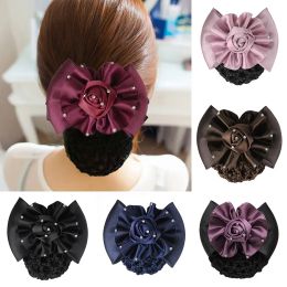 Rose Flower haak haar netto broodje cover strik broodje haarspelden grote boog haarspeld broodje satijnen strass haar clip ZZ