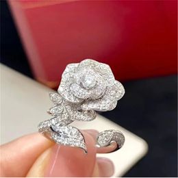 Anillo de dedo de diamante de laboratorio de flor rosa, anillos de banda de boda de fiesta rellenos de oro blanco para mujer, regalo de joyería de compromiso de promesa nupcial