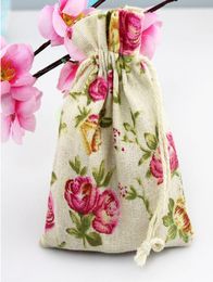 Rose Flower Linen Jewelry Gift Bag 9x12cm 10x15cm 13x17cm pack de 50 Birthday Party Wedding Drawstring Pouch sack6033682