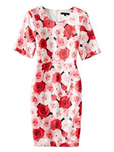 Robe fourreau à imprimé de fleurs roses pour femmes, col rond, manches courtes, robes de soirée