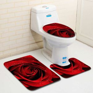Rose Flower Printing Waterdichte antislip Drie-delige Toiletzitting Cover Vloer Mat Deur Mat Badkamer Tapijt Badkamer Decor 210622