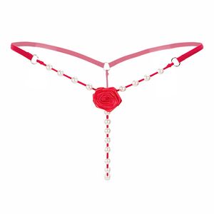 Flor rosa con perlas g String bragas Mujeres Sexy panty Ropa interior Tangas Lencería erótica T back calzoncillos calzoncillos