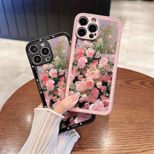 Fundas de teléfono con flores rosas para iPhone 14 12 13 11 Pro Max X XR XS 7 8Plus, carcasa de cristal pintado metálico, funda dura a prueba de golpes