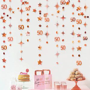 Pancartas de oro rosa para 50 cumpleaños, decoraciones, número 50, círculo, estrella de papel, guirnalda colgante, aniversario, quincuagésimo, suministros para fiesta 240124