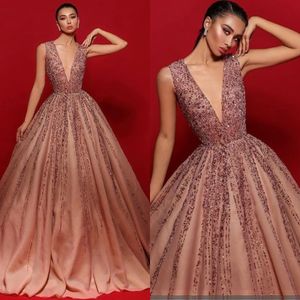 Rose Gold A Line Prom -jurken kralen Deep V -nekkristallen feestjurken Mouwloze plus size op maat gemaakte avondjurk