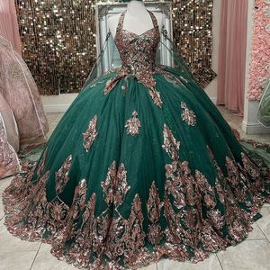 Apliques de oro rosa Vestidos de quinceañera Glitter verde dulce 16 vestido con capa de talla grande México niñas Vestidos de XV anos