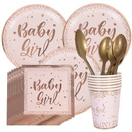 Rose Gold Baby Girl Printing Heart Dot Tableware desechable Juego de vajillas Paper Cup Baby Shower Decoración de fiesta de cumpleaños