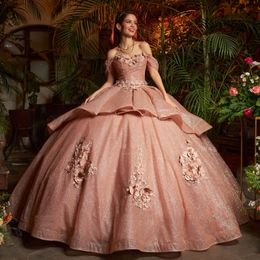 Vestido De fiesta De oro rosa, Vestidos De princesa para quinceañeras, Vestidos De tul con flores, 15 anos, quinceañeras, vestido De fiesta De 16 cumpleaños dulce 2024