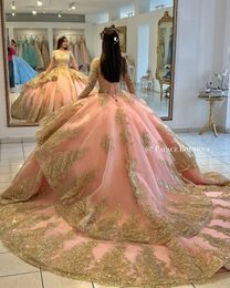 Robe de bal en or rose quinceanera robes en dentelle appliquée sweet 16 robes perles filles concours vestidos de 15 0516