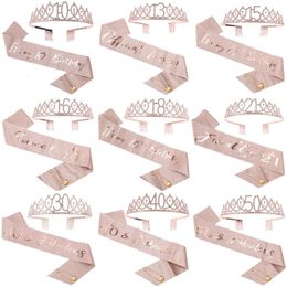 Rose goud Verjaardag Tiara Sjerp voor Vrouwen Glitter Crystal Crown Set 18 21 30 40 50th Party Decoratie Gunst Gift 231225