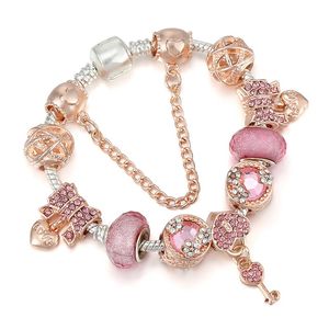 Rose Gold Bowknot Charm Bead Fit Europese Pandora Bracelet voor vrouwen DIY Pink Crystal Ball Charm Beads Snake Chain Fashion Sieraden