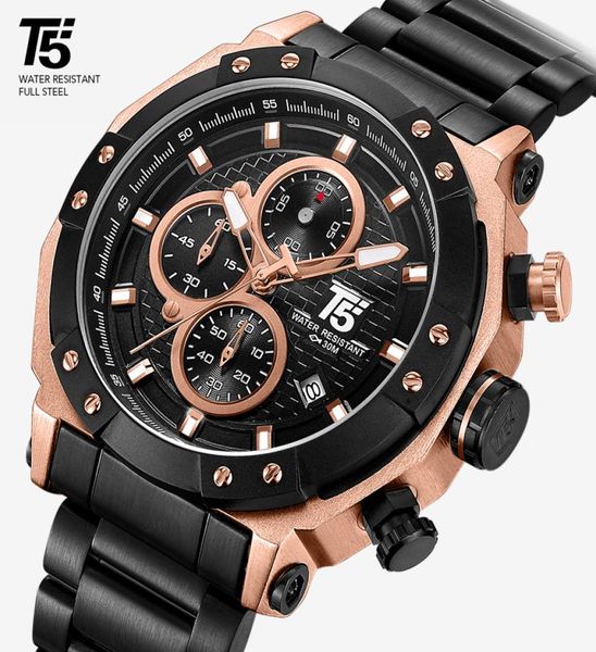 Rose Gold Brand T5 Male Man Quartz Mens Chronograph Chronograph Tapheproof Clock Sport Wrist Watch Mens Wistrand Wristwatch Box Stopwatch 2019 L4235724