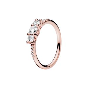 Bague à trois pierres transparente en or rose avec boîte d'origine pour Pandora, bijoux de mariage en argent sterling authentiques pour femmes et filles, bagues de fiançailles de créateur en diamant CZ