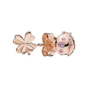 Rose Gold Clover en Ladybird Stud Earrings Dames Girls Party sieraden met originele doos voor Pandora Real Sterling Silver Girlfriend Gift Earring Set