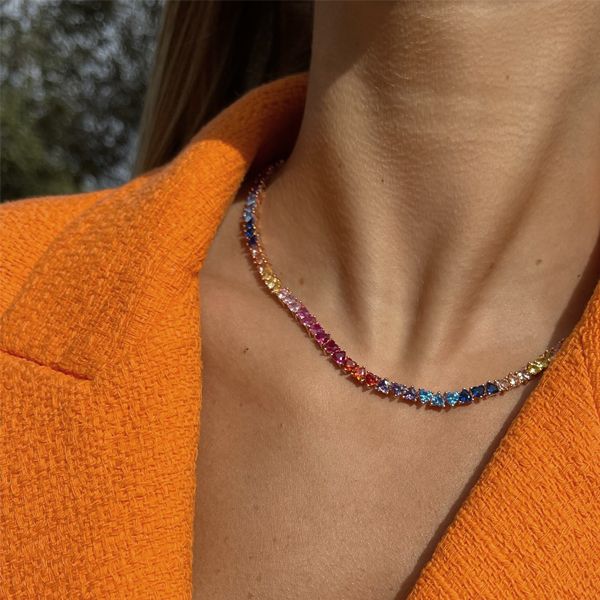Couleur or Rose arc-en-ciel coloré été vente chaude bijoux en forme de coeur chaîne de Tennis collier ras du cou pour les femmes