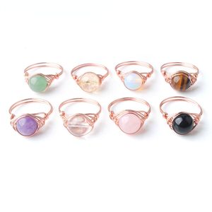 Rose Gold kleur draad wrap kwarts ronde kraal steen kristallen ring voor vrouwen sieraden 19 mm niet verstelbaar BO950