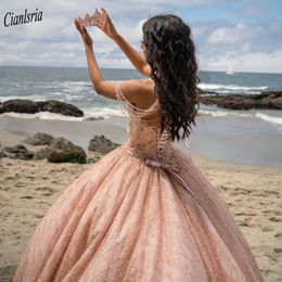 Rose goud kristal kralen baljurk Quinceanera jurken Sparkly off-the-shoulder Lace Up Sweet 15 Prom Party Dress