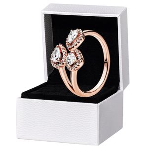 Rose Gold CZ Diamond Geometry Open Rings for Pandora Real Sterling Silver Wedding Party Jewelry For Women Girlfriend Gift Teardrops Rings with Original Box