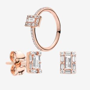 Rose Gold Designer Ring and Earring Sets Women Wedding Sieraden voor Sier Sparkling Square Halo Stud Oorringen ringen