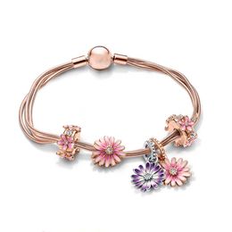 Rose goud dubbele ketting armbanden tuin charmes bloem hanger s925 zilveren sieraden accessoires vrouwen ontwerper luxe feest geschenk DIY fit Pandora armband met doos