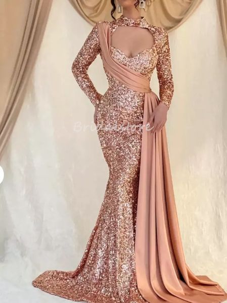 Rose Gold Dubai Vestido de noche árabe 2022 Manga larga Brillo Lentejuelas Sirena Vestidos de baile con tren Hasta el suelo Vestidos formales Abaya Mujeres Robe De Soir￩e De Mariage
