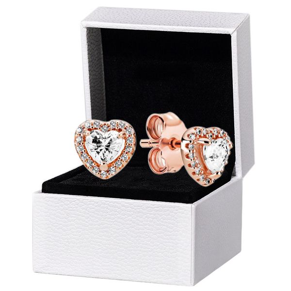 Or rose Elevated Heart Stud Boucles d'oreilles Boîte d'origine pour Pandora Womens gift 925 Silver Earring