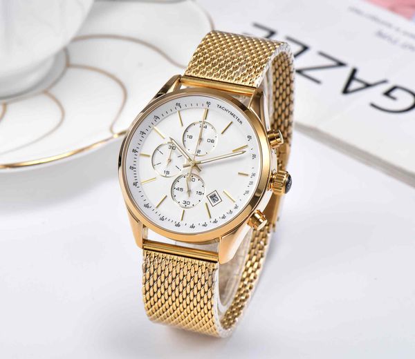 Montre pour hommes Rose Gold Fashion Elite, lunette ronde en acier inoxydable, panneau de couleur unie, calendrier d'affichage, montre à quartz à 6 broches, bracelet en acier