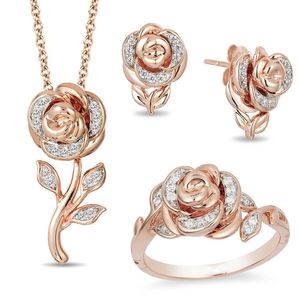 Rose Gold Flower Diamond Bijoux Set Bague Anneaux de fiançailles pour femmes Bijoux de mariage Anneaux de mariage Boucles d'oreilles Collier Bague