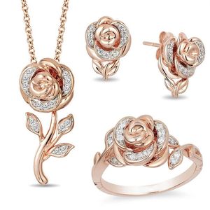 Conjunto de joyas de diamantes con flores de oro rosa, anillos de compromiso para mujeres, joyería de boda, anillos de boda, accesorios, collar, anillo, pendiente246U