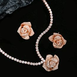 Rose Gold Flower Lab Moissanite Set Party Weddingoorbellen ketting voor vrouwen bruids verloving sieradencadeau