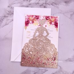 Rose Gold Glitter Laser Cut Wedding Invitations Crown Princess Invitation for Quinceanera Printing Sweet Sixteen Pocket Invites