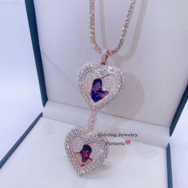 Collier pendentif Hip Hop en or Rose glacé Vvs Moissanite avec pendentif photo en forme de cœur en diamant